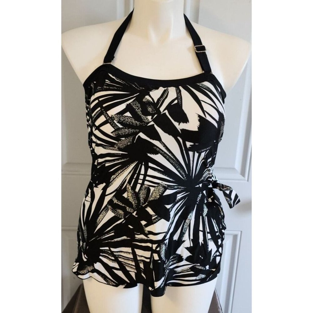 Maxine Of Hollywood Halter Neck‎ Skirted Front One Piece Swimsuit Tropical Sz 10